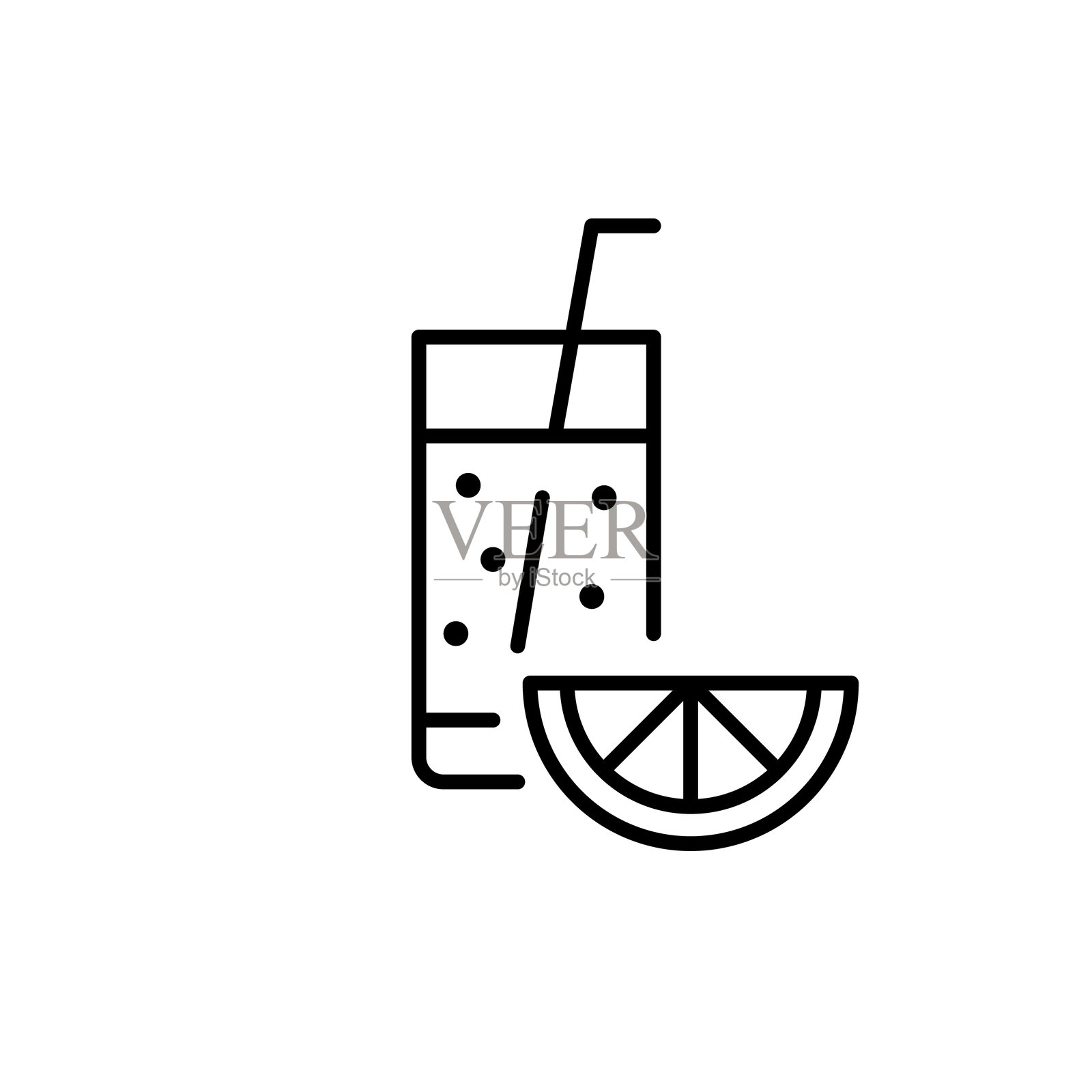 高脚杯中的饮料，配有吸管和柠檬片。清爽饮品，自制柠檬水、果汁、冰沙或冰茶。派对和酒吧的鸡尾酒。像素完美的矢量图标。插画图片素材