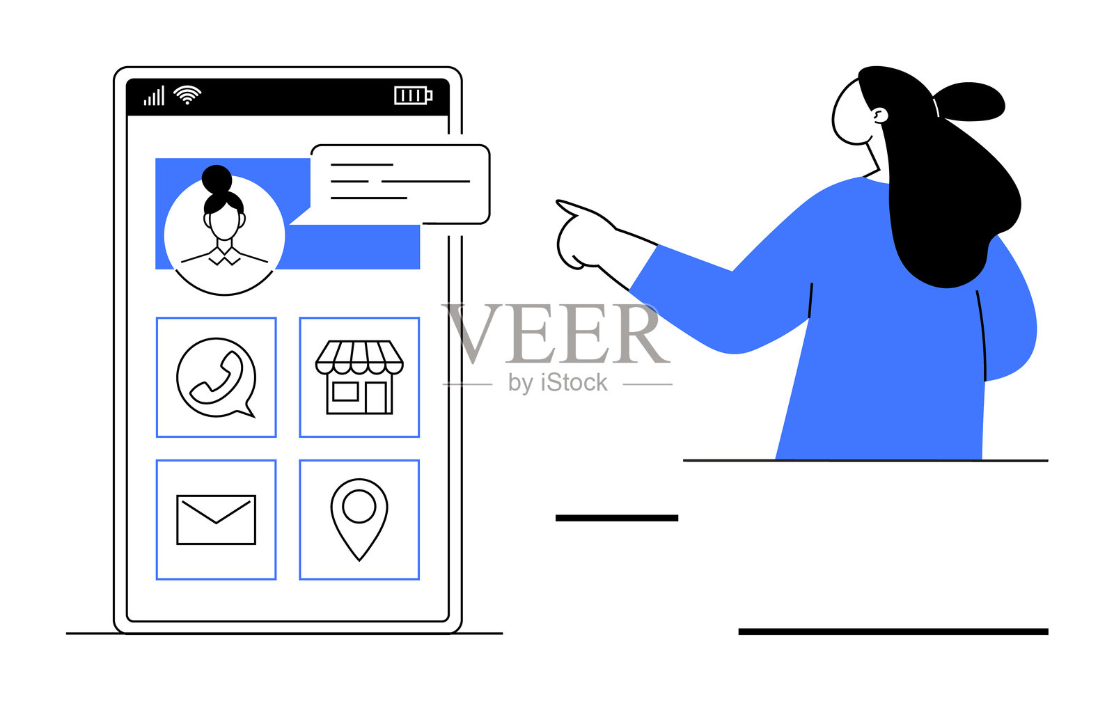 女性指着带有通讯应用图标的智能手机界面插画图片素材