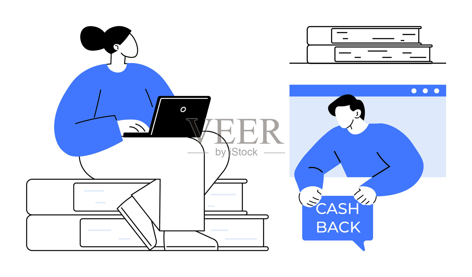 一个人在书本上使用笔记本电脑，另一个人在社交网络上展示现金返还信息。插画图片素材