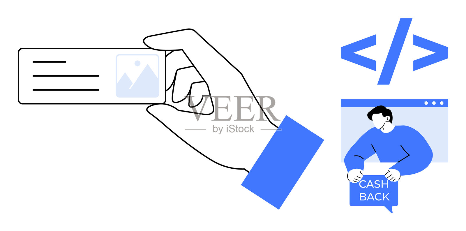 手握带有网站返现和HTML代码符号的卡片插画图片素材
