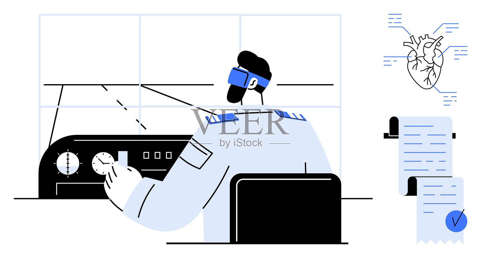 飞行员操作飞机控制器，配有心脏图示和检查清单插画图片素材