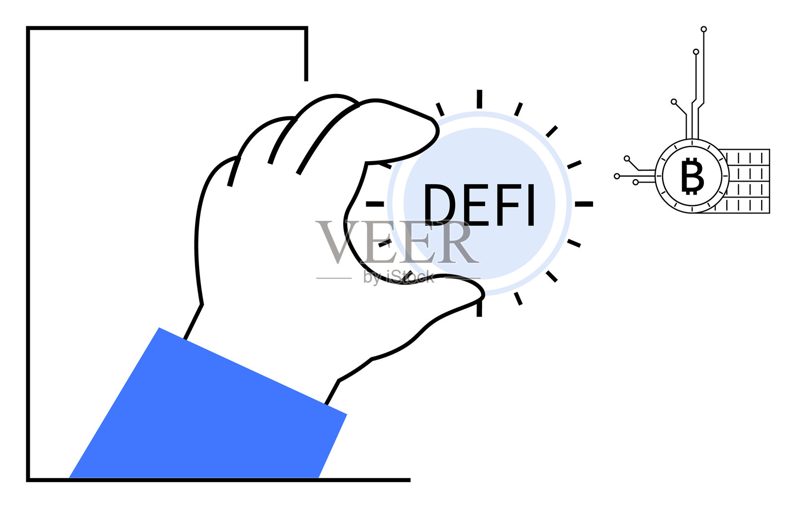 手握DeFi币与比特币技术符号并排放置插画图片素材