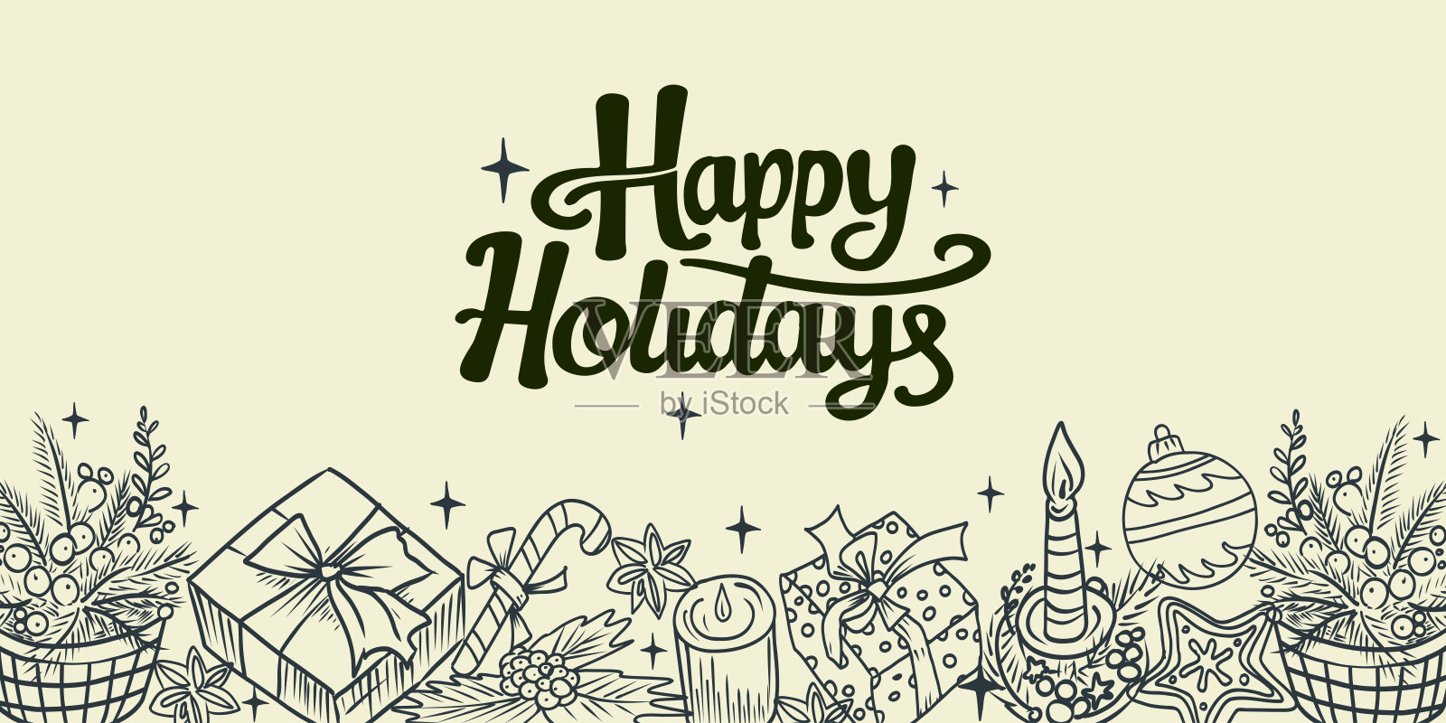 节日手绘矢量插图，包含礼物、蜡烛、装饰品、食物和“节日快乐”文字。非常适合贺卡、季节性设计和冬季庆祝活动。插画图片素材