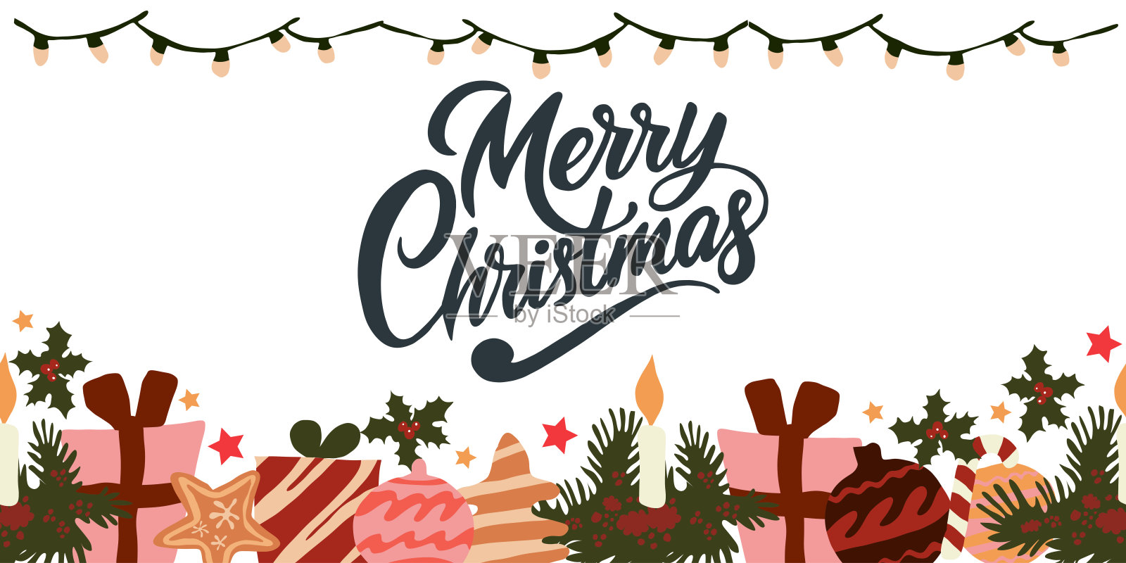 节日矢量插图，包含礼物、蜡烛、装饰品、球和“圣诞快乐”文字。非常适合贺卡、季节性设计和冬季庆祝活动。插画图片素材