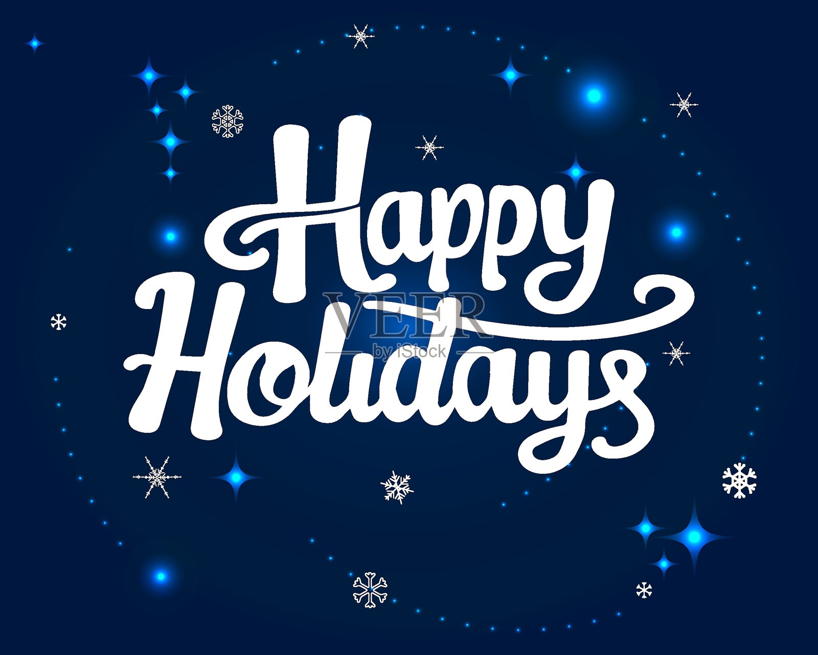 节日矢量卡片。深蓝色背景上的雪花和发光粒子。文字：圣诞快乐。插画图片素材