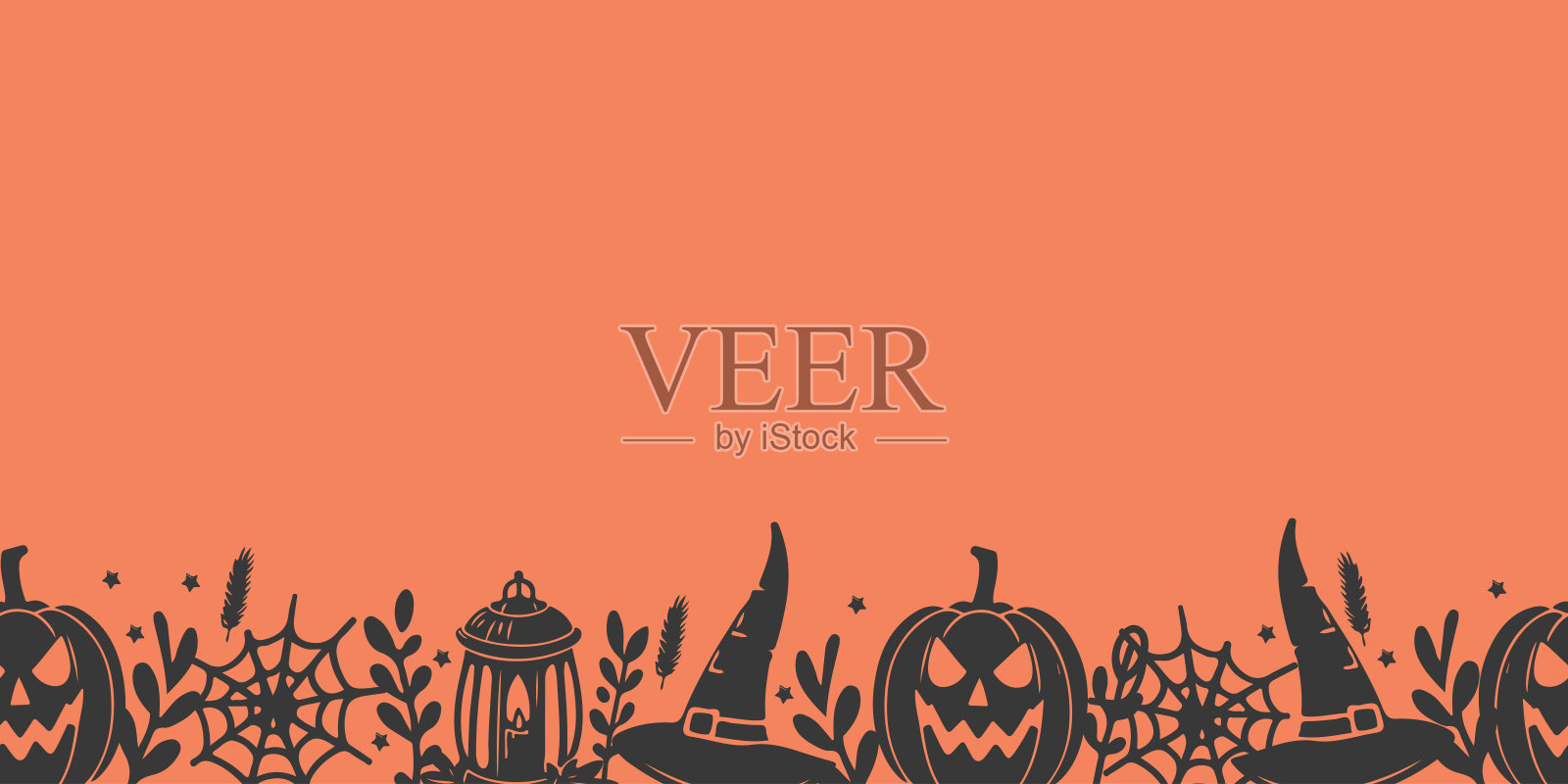 万圣节装饰边框，带有可怕的南瓜和蜘蛛。黑色剪影在橙色背景上。矢量插图。插画图片素材