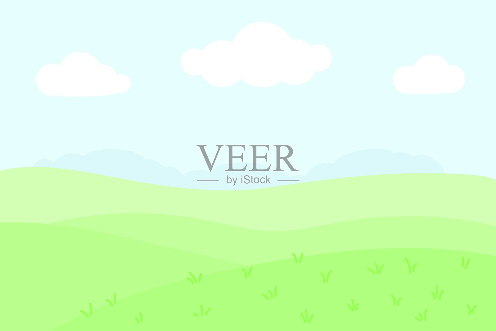 绿野草地，蓝天白云的风景。插画图片素材