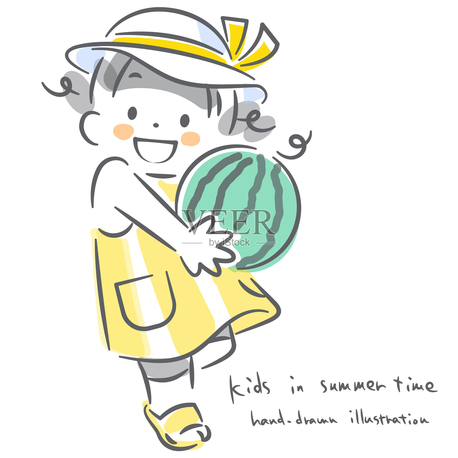 孩子们享受夏天：可爱的手绘线条插图插画图片素材