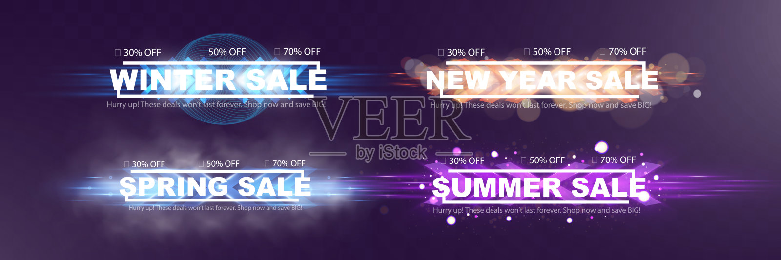 黑色星期五促销横幅，采用大胆的排版、折扣百分比、发光效果和现代化的促销设计。非常适合广告、电商和营销活动。插画图片素材