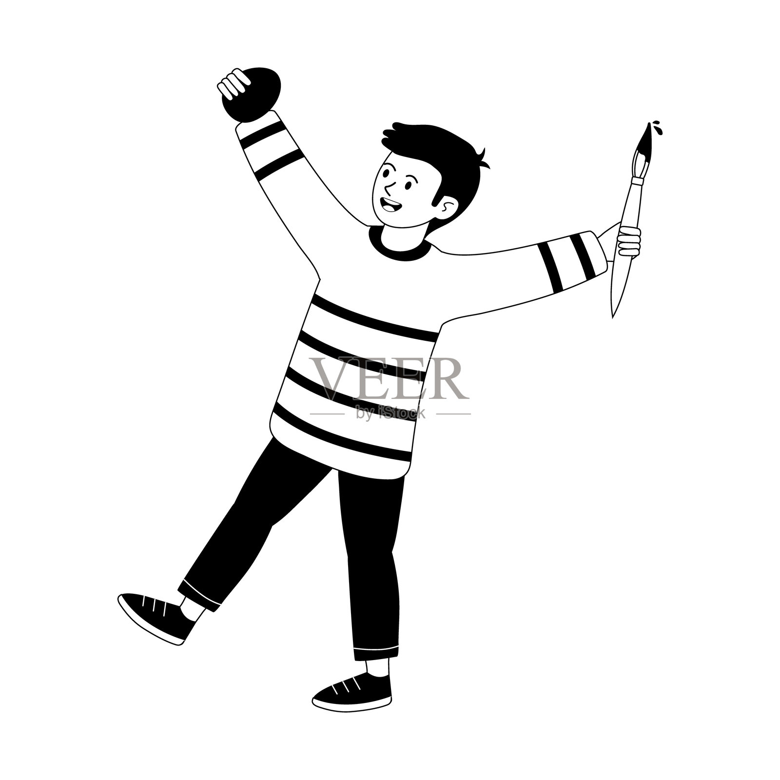 年轻艺术家在室内用画笔和石头庆祝，面露喜悦之情插画图片素材