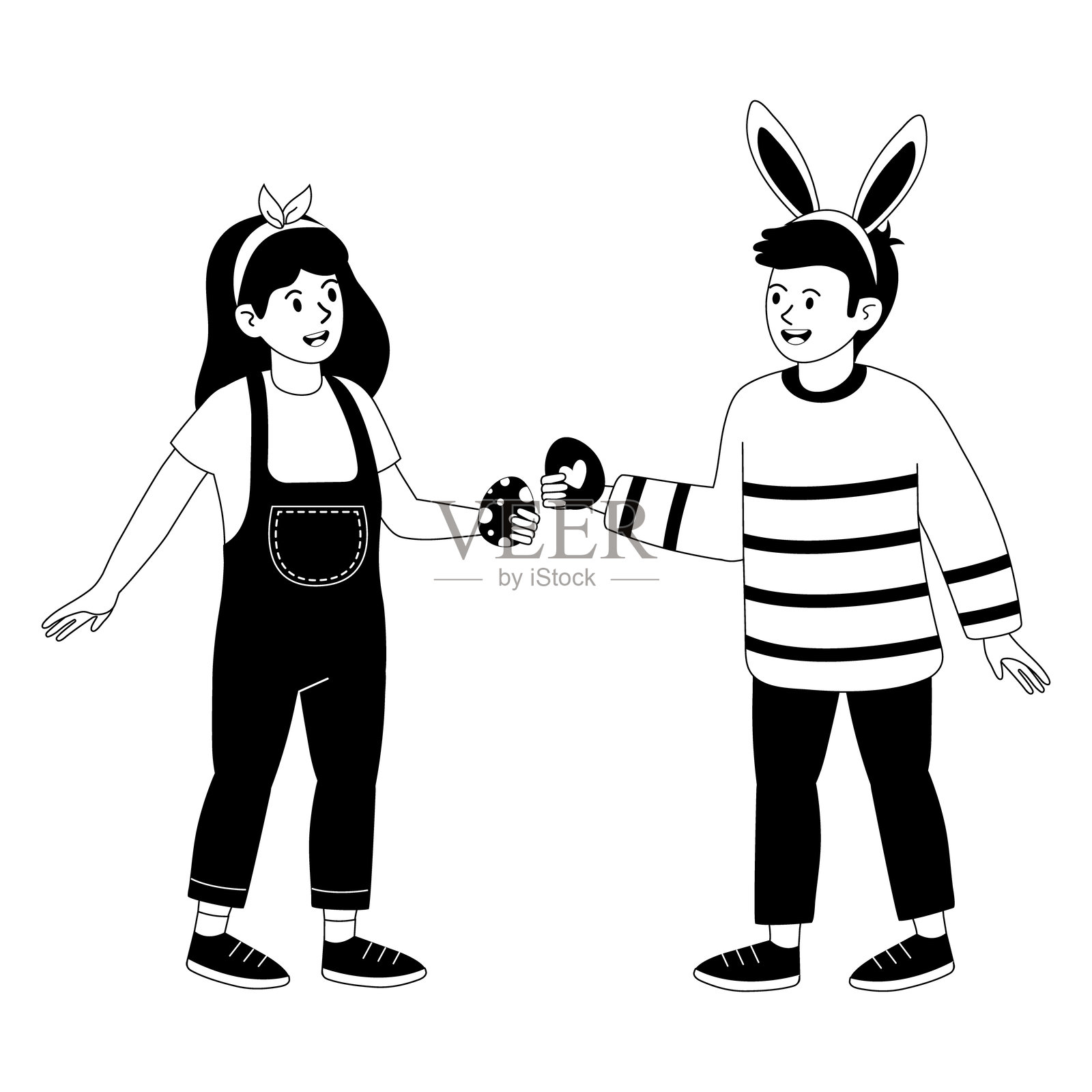 孩子们在户外活动中穿着节日服装，庆祝五彩缤纷的彩蛋插画图片素材