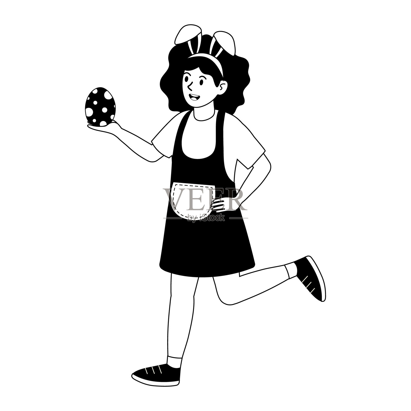 年轻女孩戴着兔耳朵，在春季庆祝活动中手持彩色鸡蛋插画图片素材