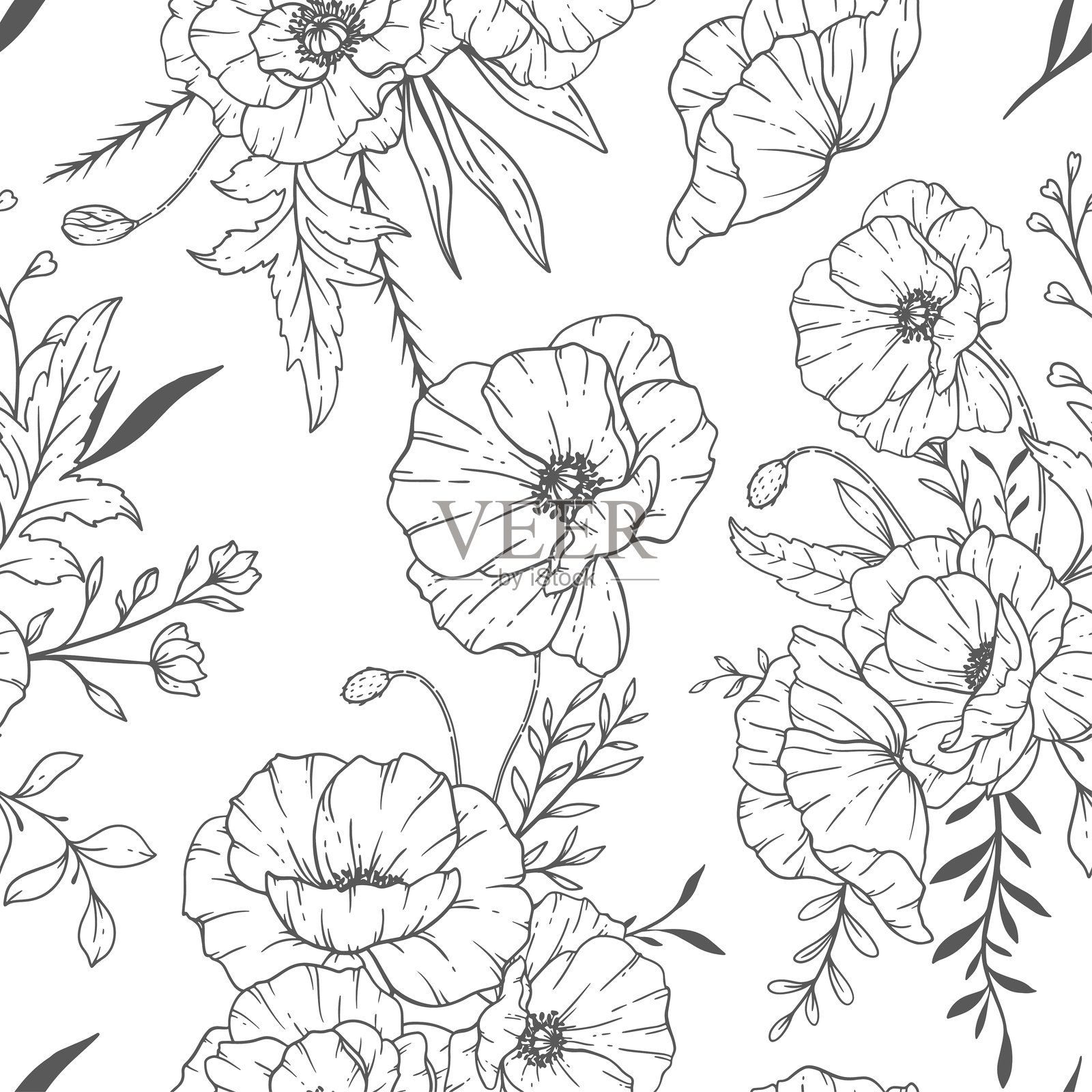 花卉无缝图案。罂粟花背景。环保背景。手绘线条艺术设计的罂粟花和绿植。优雅的无缝背景，简约风格的无尽图案。插画图片素材
