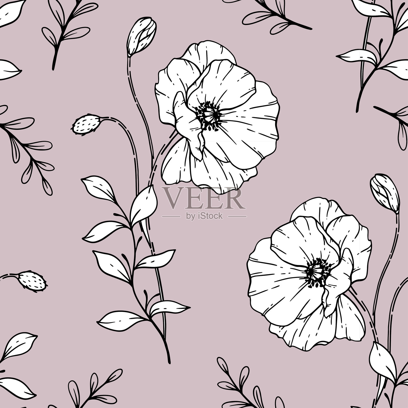 花卉无缝图案。罂粟花背景。环保背景。手绘线条艺术设计的罂粟花和绿叶。优雅的无缝背景，简约风格的无尽图案。插画图片素材