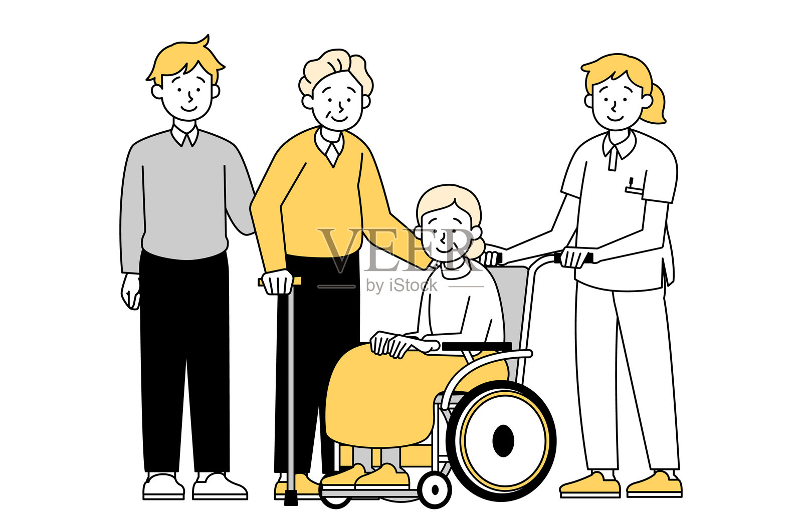 家庭和女性护理人员支持坐在轮椅上的老年女性 简单的养老院 两代家庭插画图片素材