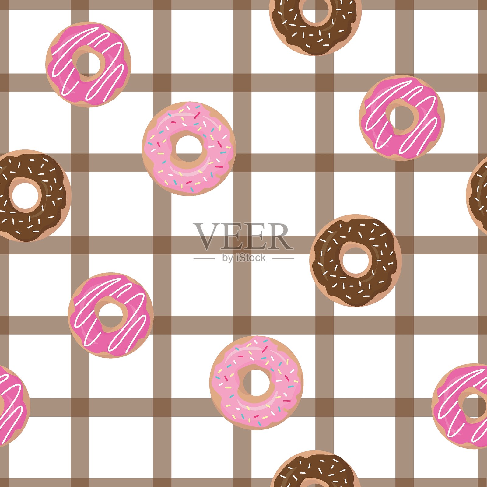 白色背景上的无缝甜甜圈图案，带有粉色糖霜和五彩撒糖。矢量图。插画图片素材