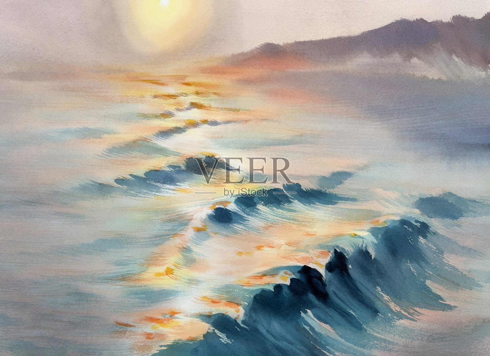 海边的日落与雾气水彩背景插画图片素材