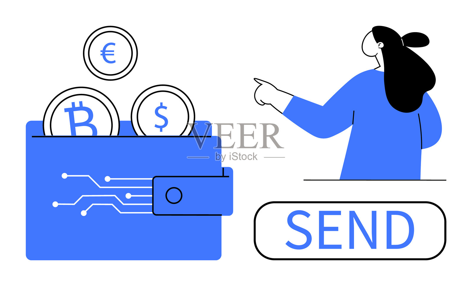 卡通女性指着数字钱包，旁边有各种加密货币硬币和发送按钮，采用矢量风格。插画图片素材