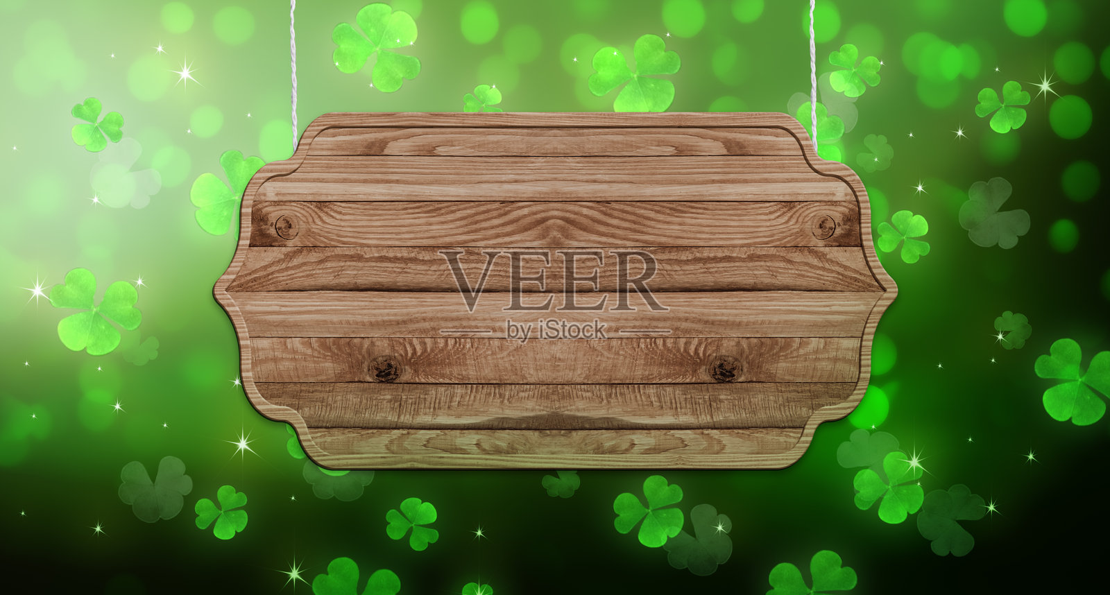 圣帕特里克节绿色背景，木制招牌，三叶草叶子，节日图案与苜蓿，庆祝背景留有文本空白。照片摄影图片