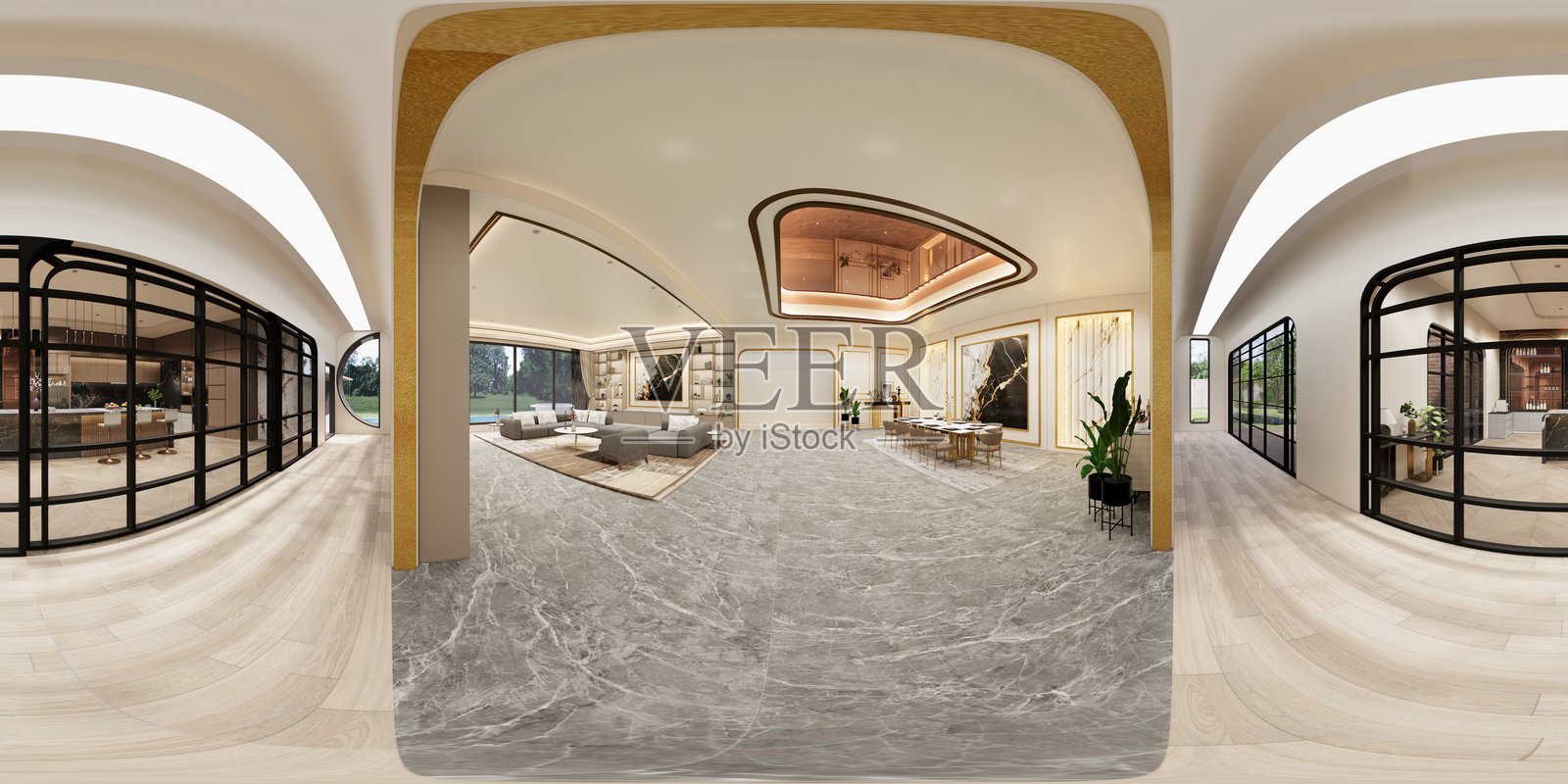 现代住宅外观的3D渲染。360度全景虚拟现实。照片摄影图片