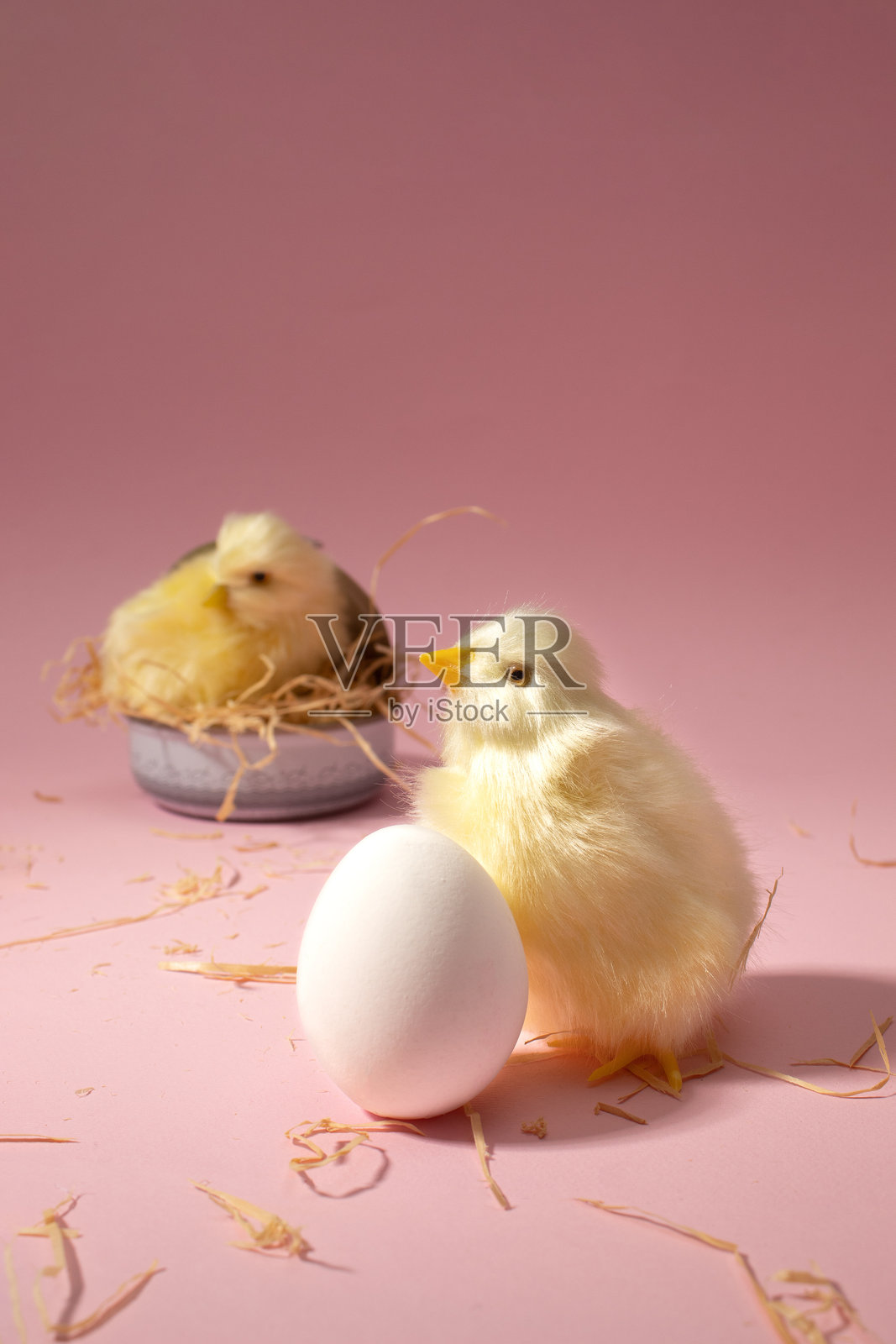 特写的蛋，后面有小鸡。新生小鸡的概念。照片摄影图片