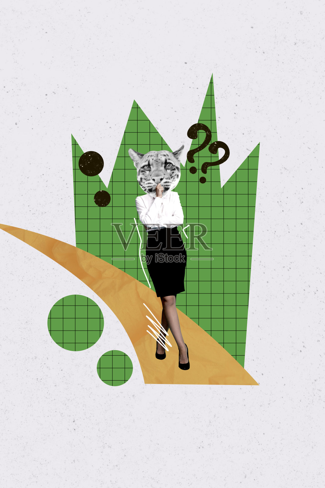 年轻困惑的不确定女商人，头部是猎豹的头，构成的趋势艺术草图照片拼贴，提出问题。照片摄影图片