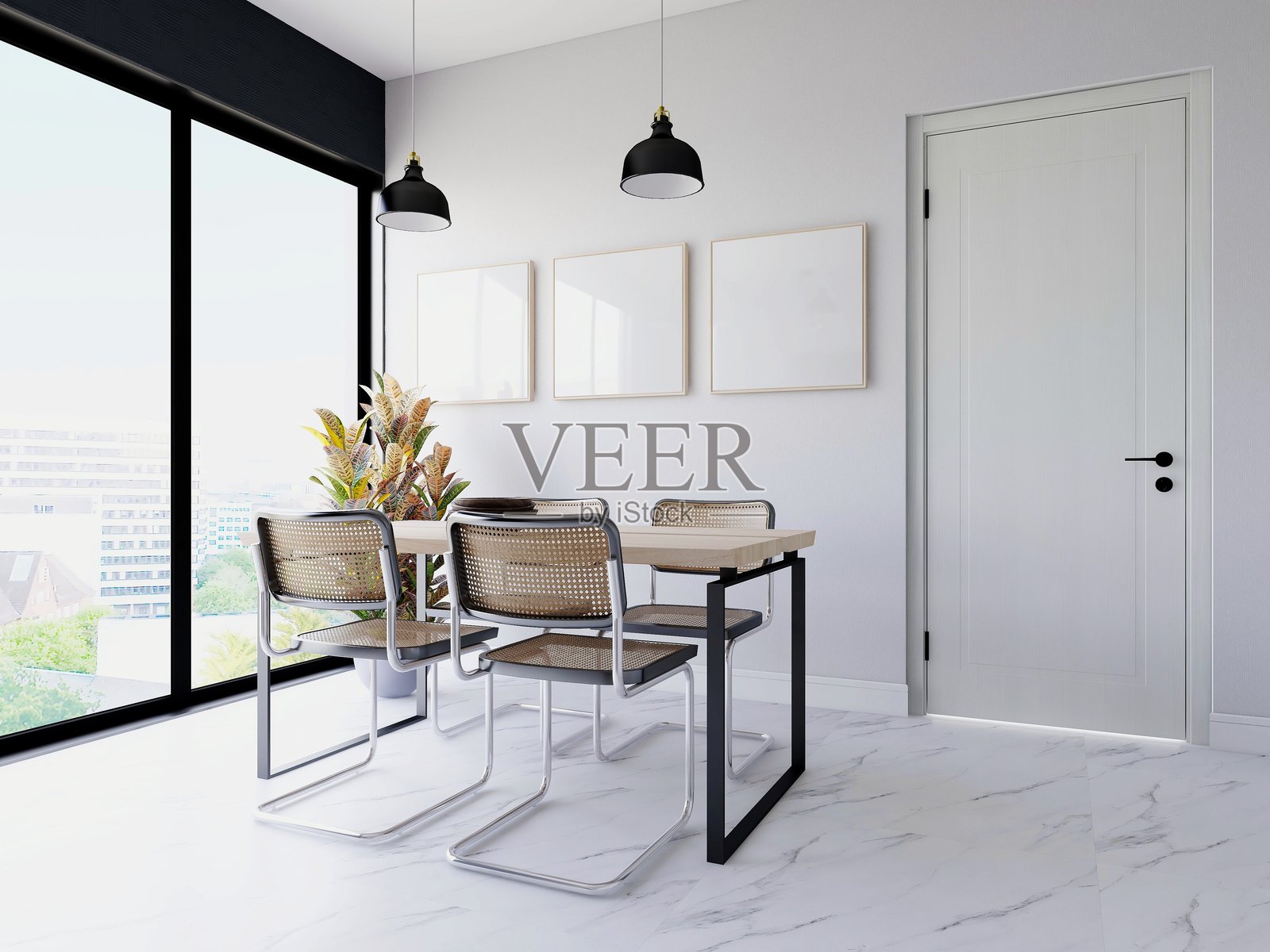 餐厅内有三个空白的方形框架和室内装饰照片摄影图片