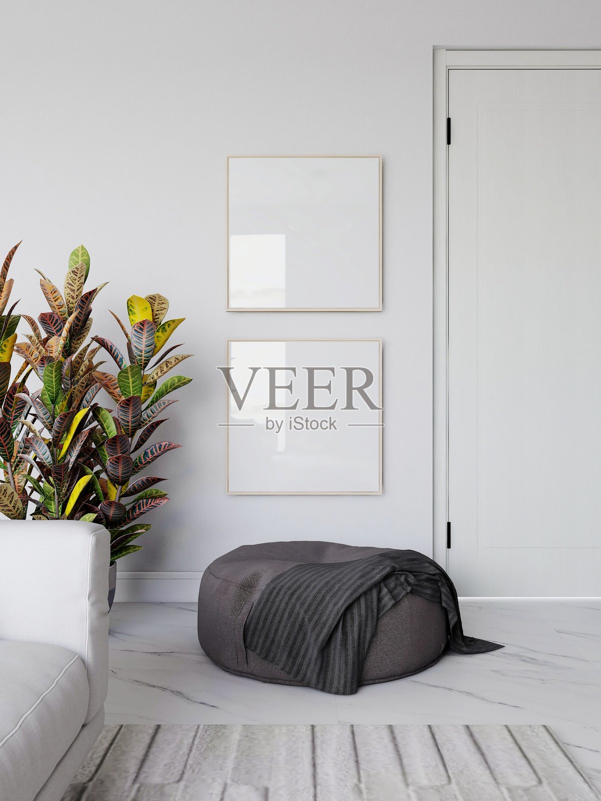 客厅内有两个空白的方形框架和室内装饰照片摄影图片