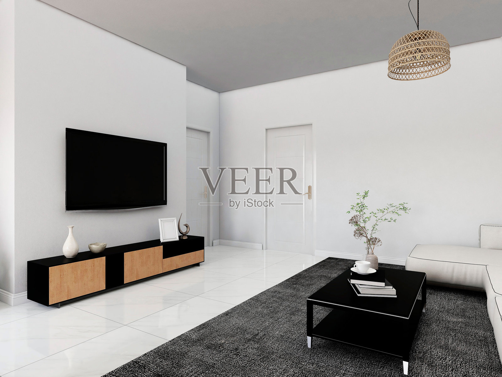 带有装饰植物、吊灯和电视的客厅室内装饰照片摄影图片