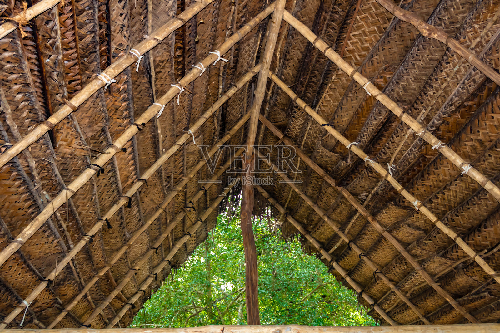 斯里兰卡用编织棕榈叶制成的茅草屋顶。仰望，野生动物园村庄照片摄影图片