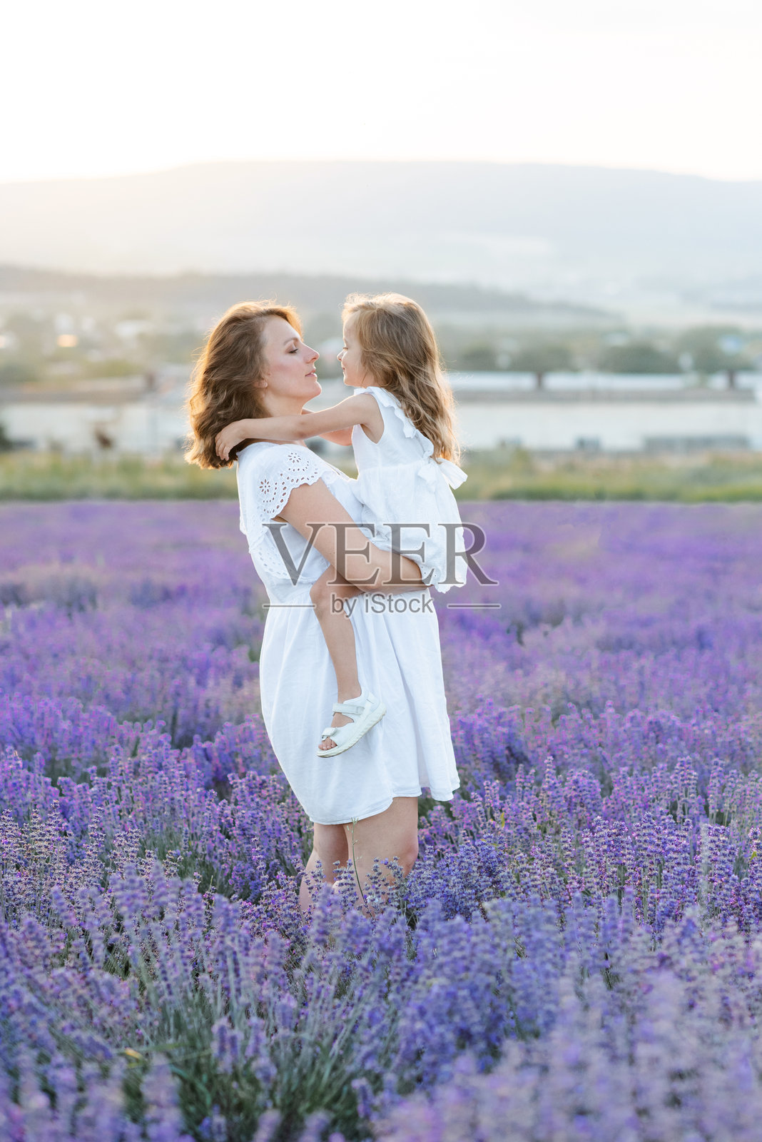 母亲与女儿在薰衣草田中照片摄影图片