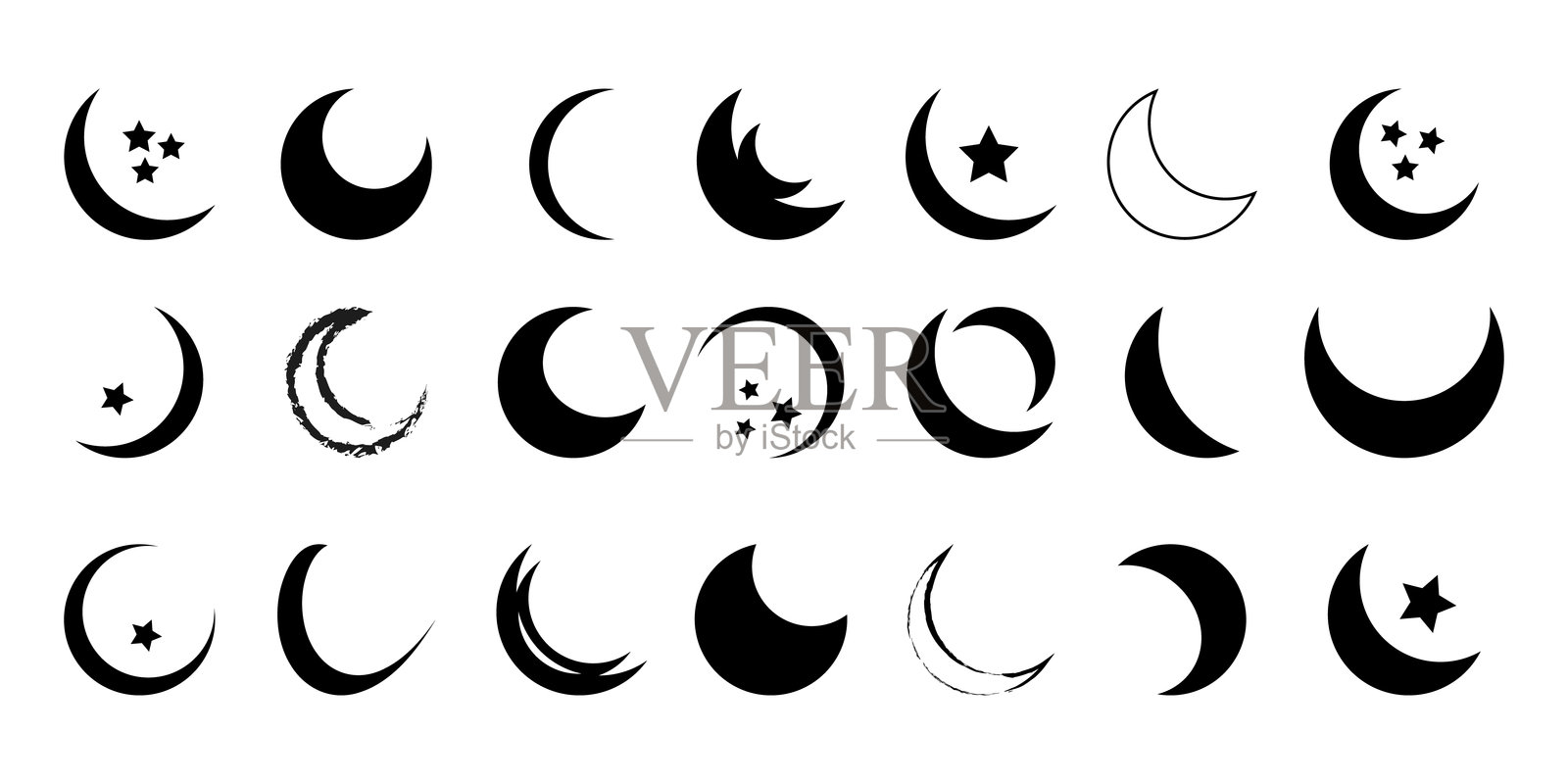 新月图标集。带星星的新月设计。波西米亚风格的月亮插图。不同的新月与星星设计。插画图片素材