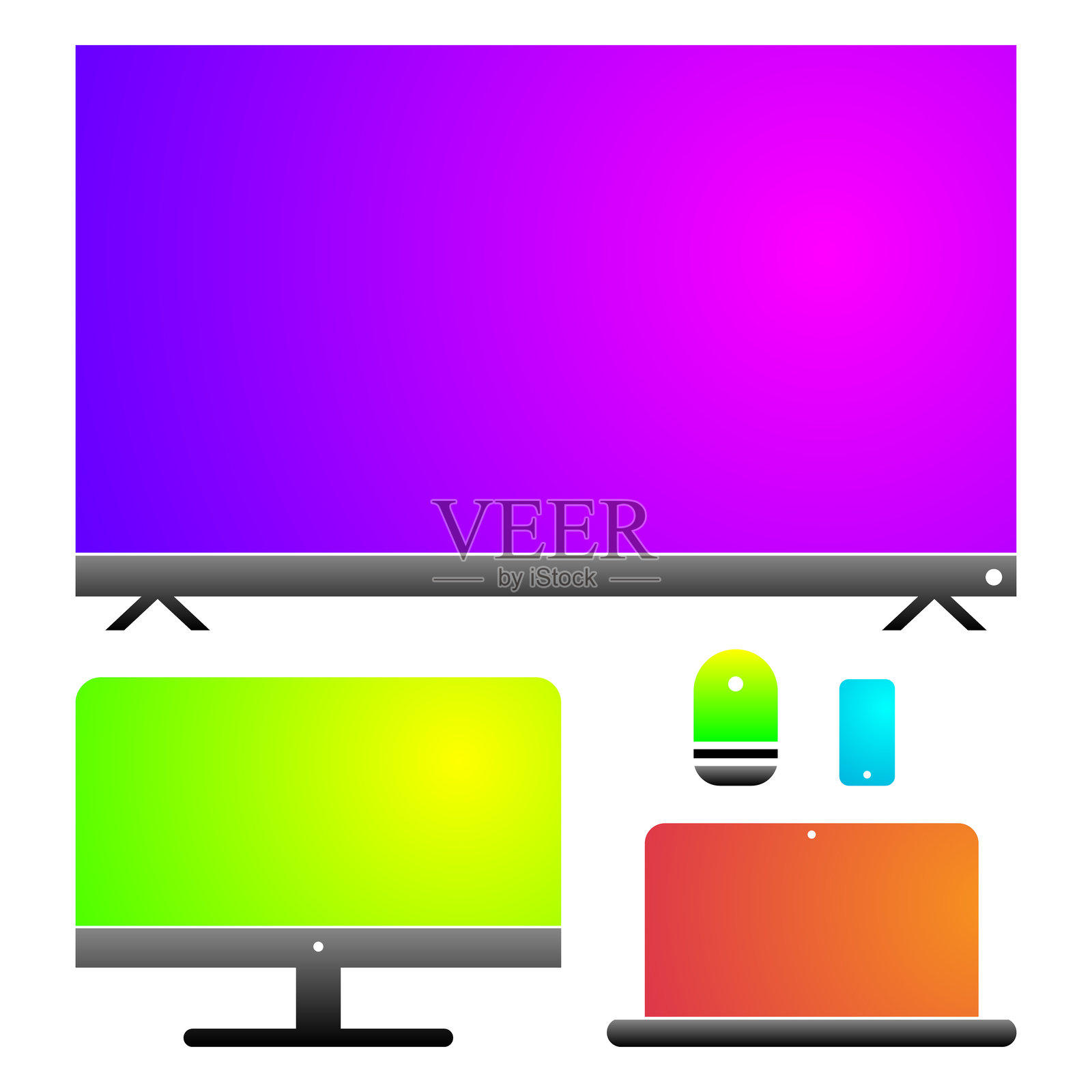 家庭工作和娱乐设备。个人电脑、电视、智能设备、笔记本电脑和智能手机，现代渐变图标。插画图片素材