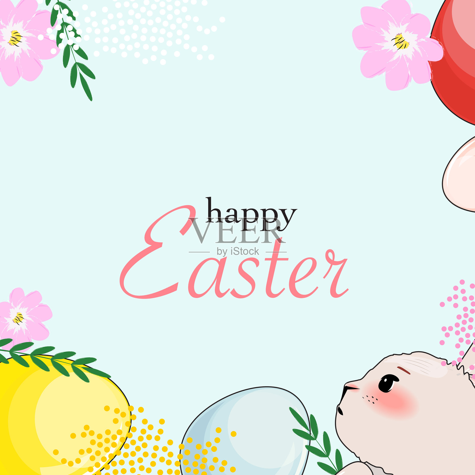 梦幻方形横幅，描绘了一只兔子和装饰彩蛋，色调柔和。插画图片素材