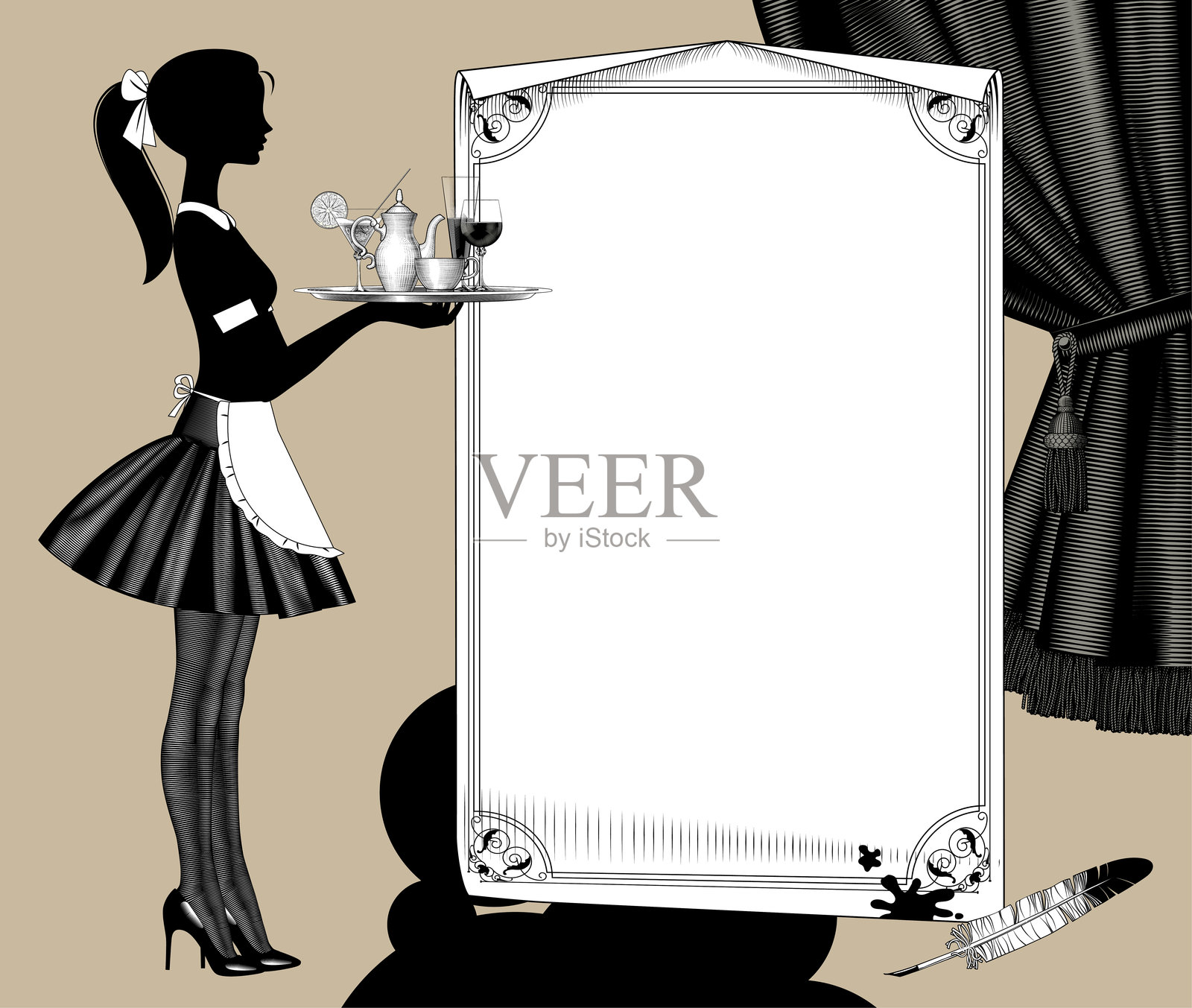 一款艺术风格的菜单模板，年轻女服务员手持饮料托盘，装饰框中的空白纸张和深色窗帘。插画图片素材