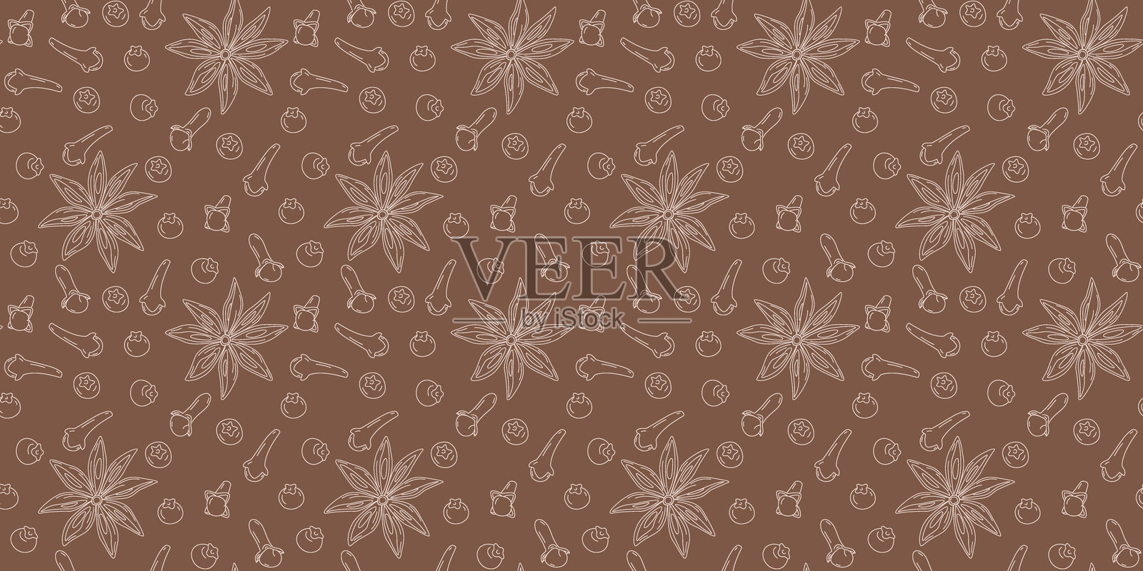 自由手绘的八角茴香、干丁香和多香果无缝图案，浅色与深棕色的热红酒香料插画图片素材
