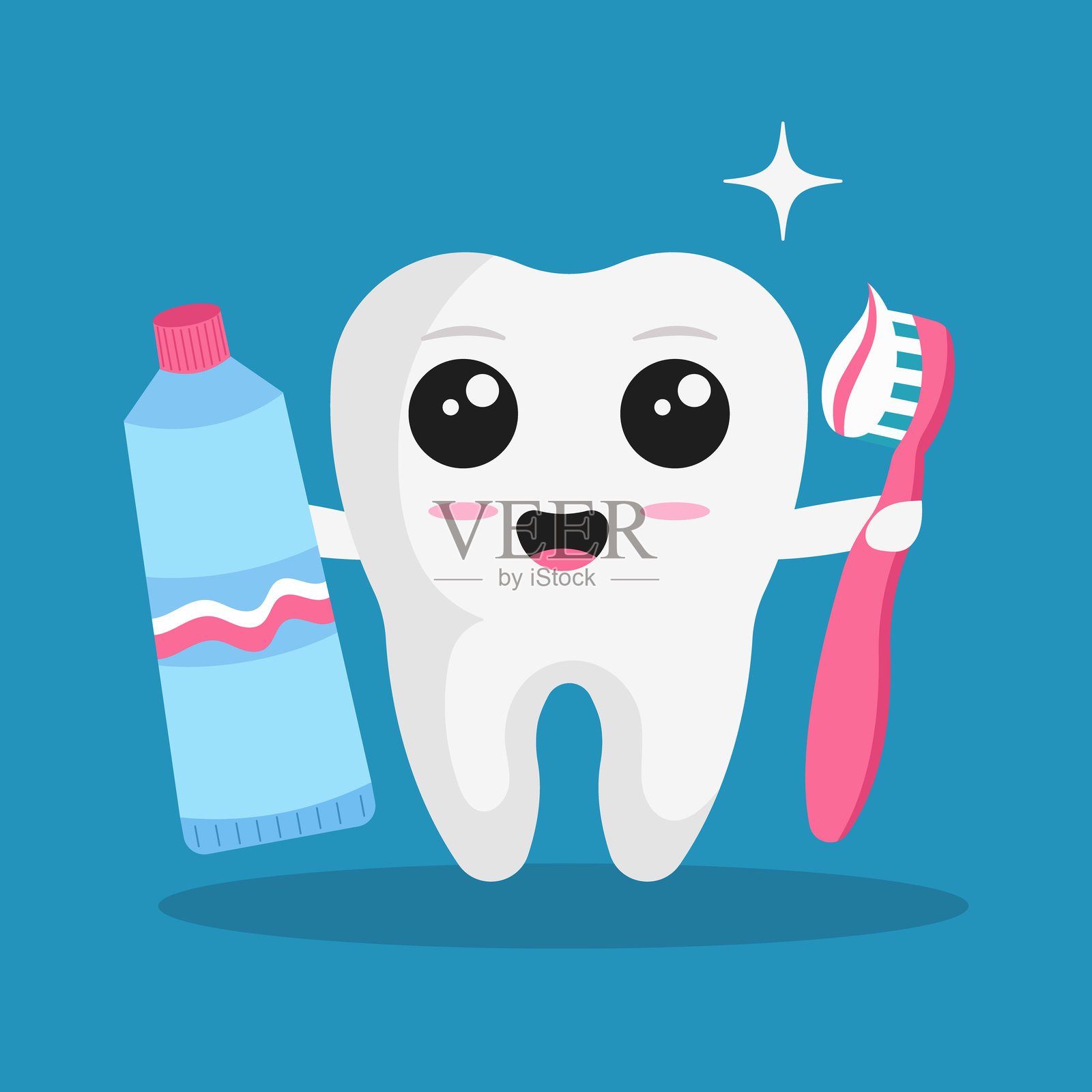 可爱的牙齿拿着牙刷和牙膏 - 刷牙插图。儿童向的矢量插图。插画图片素材