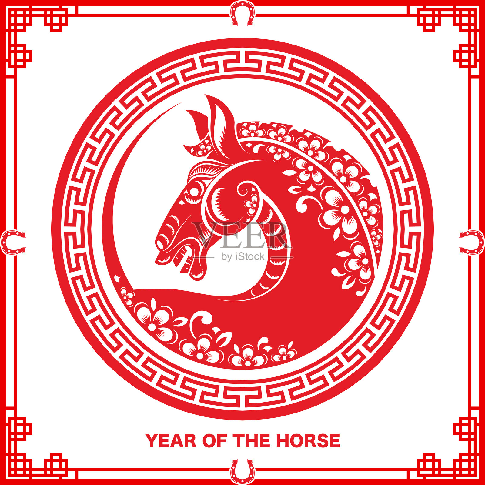 2026年快乐，马年，带有花朵、灯笼和亚洲元素的红色剪纸风格背景。插画图片素材