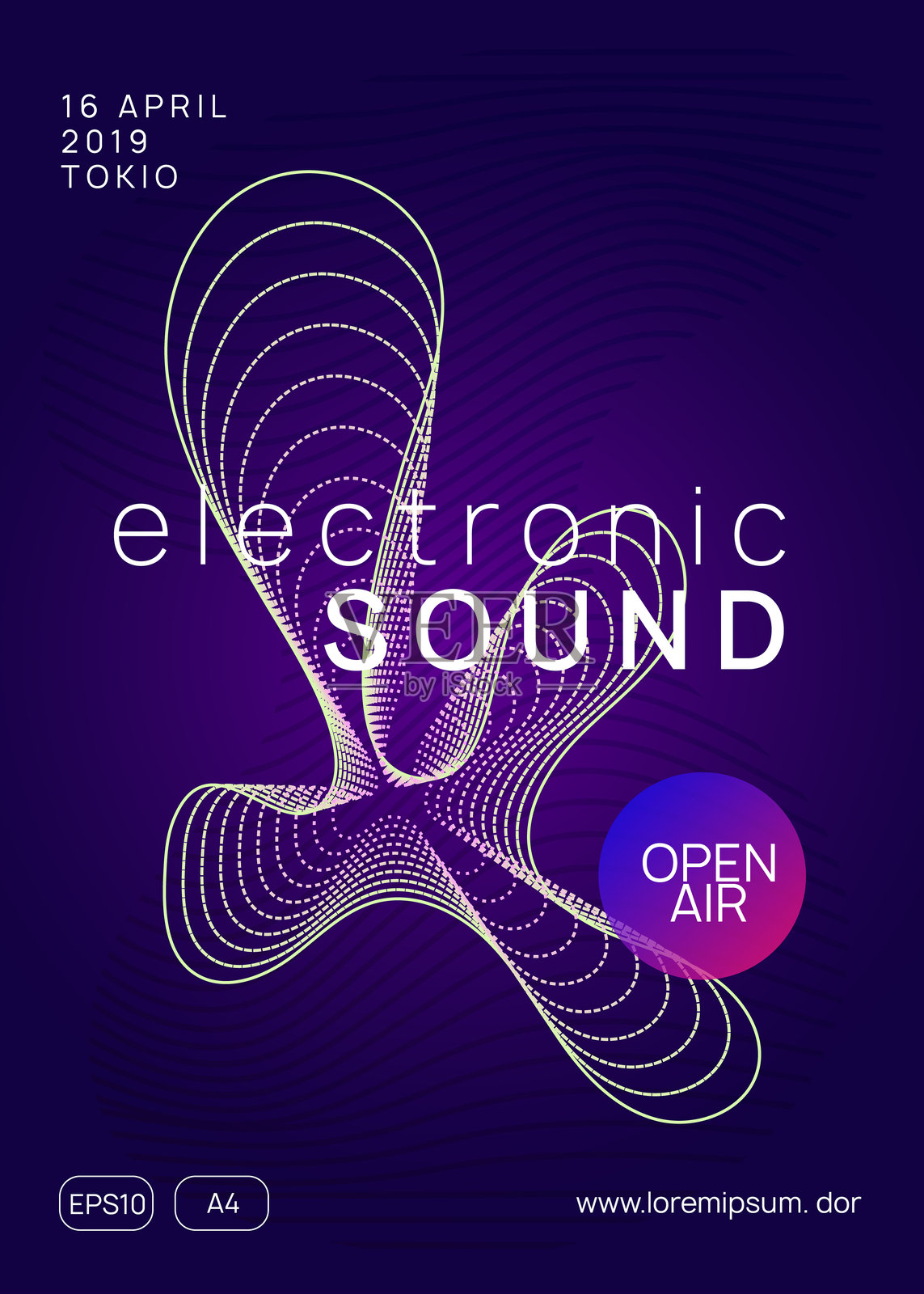 DJ设计。电子舞曲迷幻模板。蓝色迪斯科横幅。舞蹈传单。粉色音乐海报。节日封面。电子迪斯科邀请函。紫色DJ设计。插画图片素材