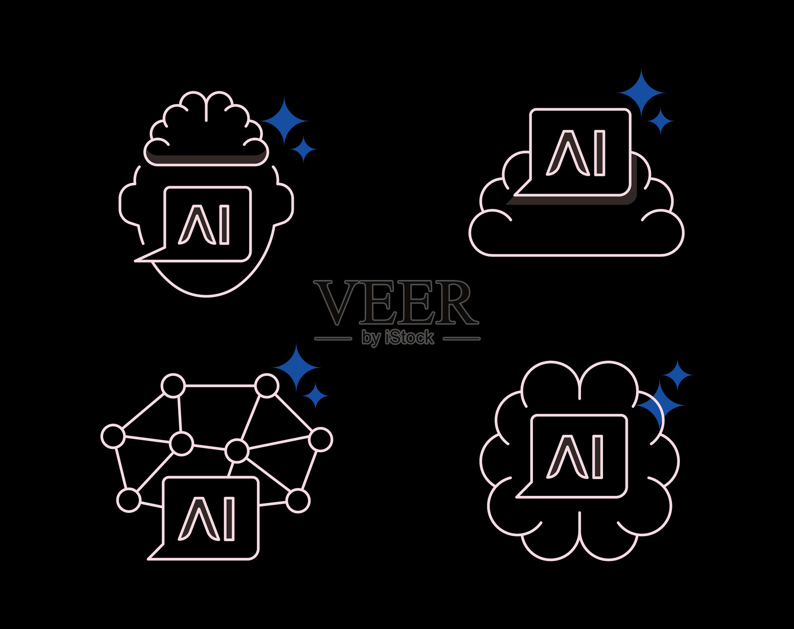 AI代理图标集。认知AI、云AI、神经网络、对话AI。可编辑线条图标。插画图片素材