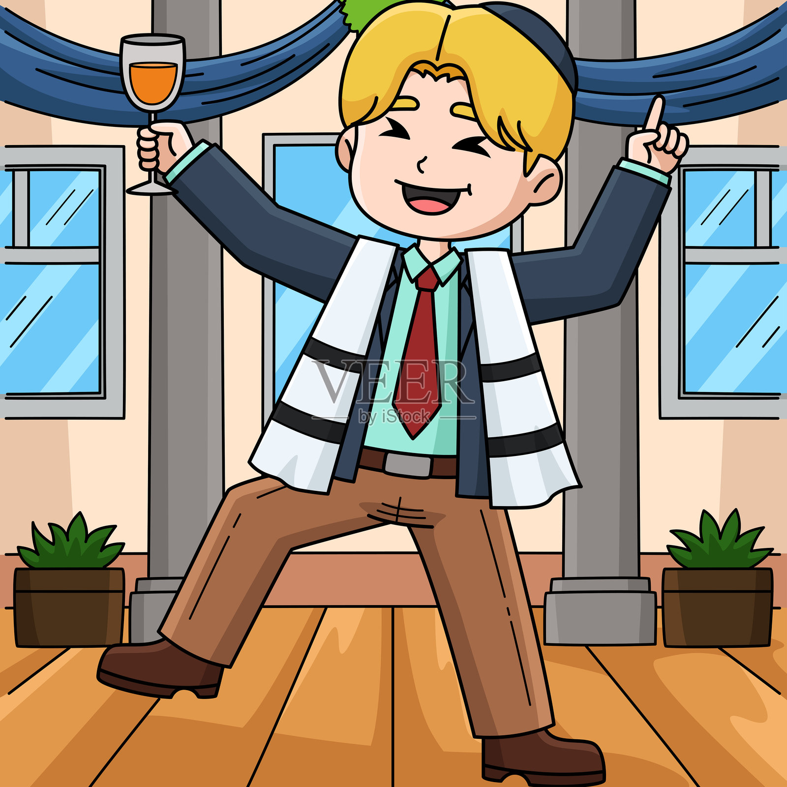 巴尔米茨瓦男孩庆祝派对的彩色卡通图像插画图片素材