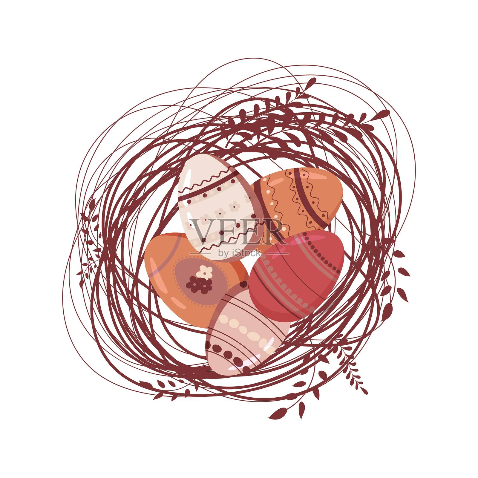 鸟巢中的复活节彩蛋。带有美丽图案的复活节彩蛋。复活节快乐。手绘。矢量插图。插画图片素材