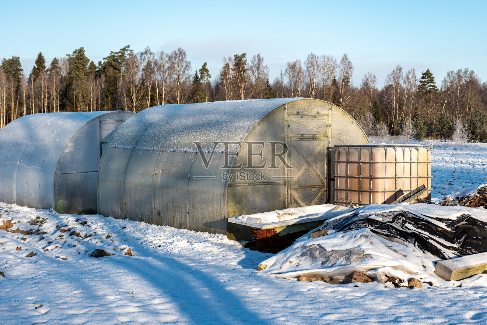 美妙的冬日，树木和草地覆盖着霜，花园里的温室。照片摄影图片