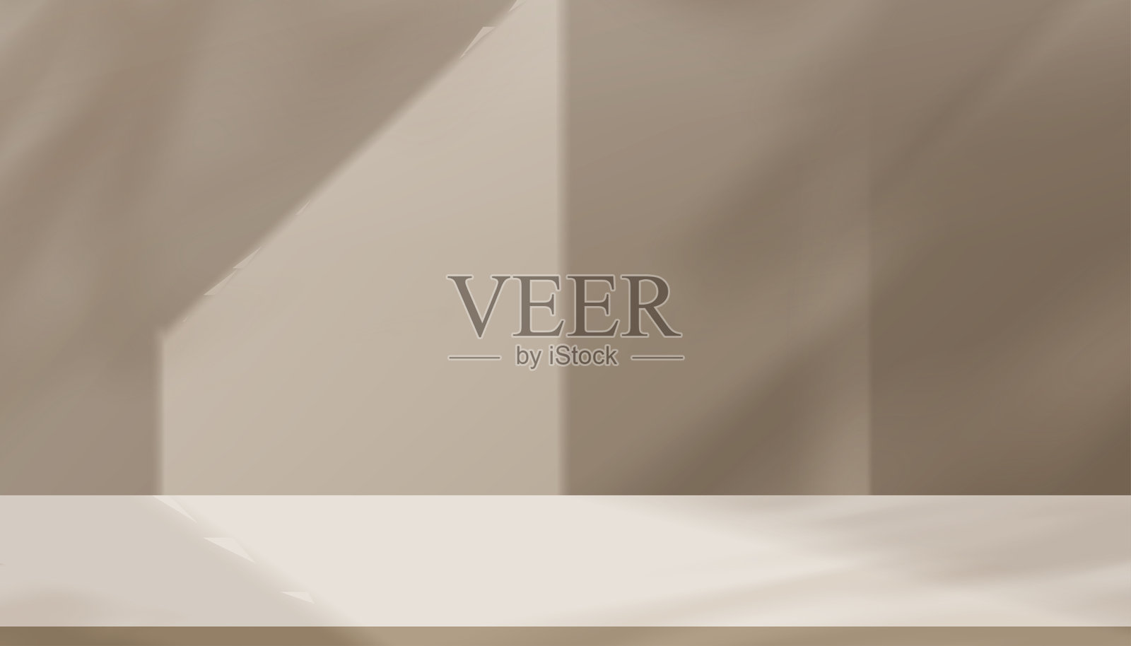 米色墙壁的工作室房间，白色光线，讲台舞台上的阴影用于产品展示，秋季棕色背景。秋季场景横幅，阳光照射在地面纹理上，模糊渐变的室内厨房。插画图片素材