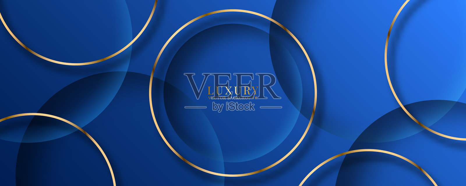 3D蓝色奢华抽象背景，明亮空间中重叠层次，配有金色圆圈线条装饰。现代图形设计元素，适用于网页横幅、传单、卡片或宣传册封面。插画图片素材