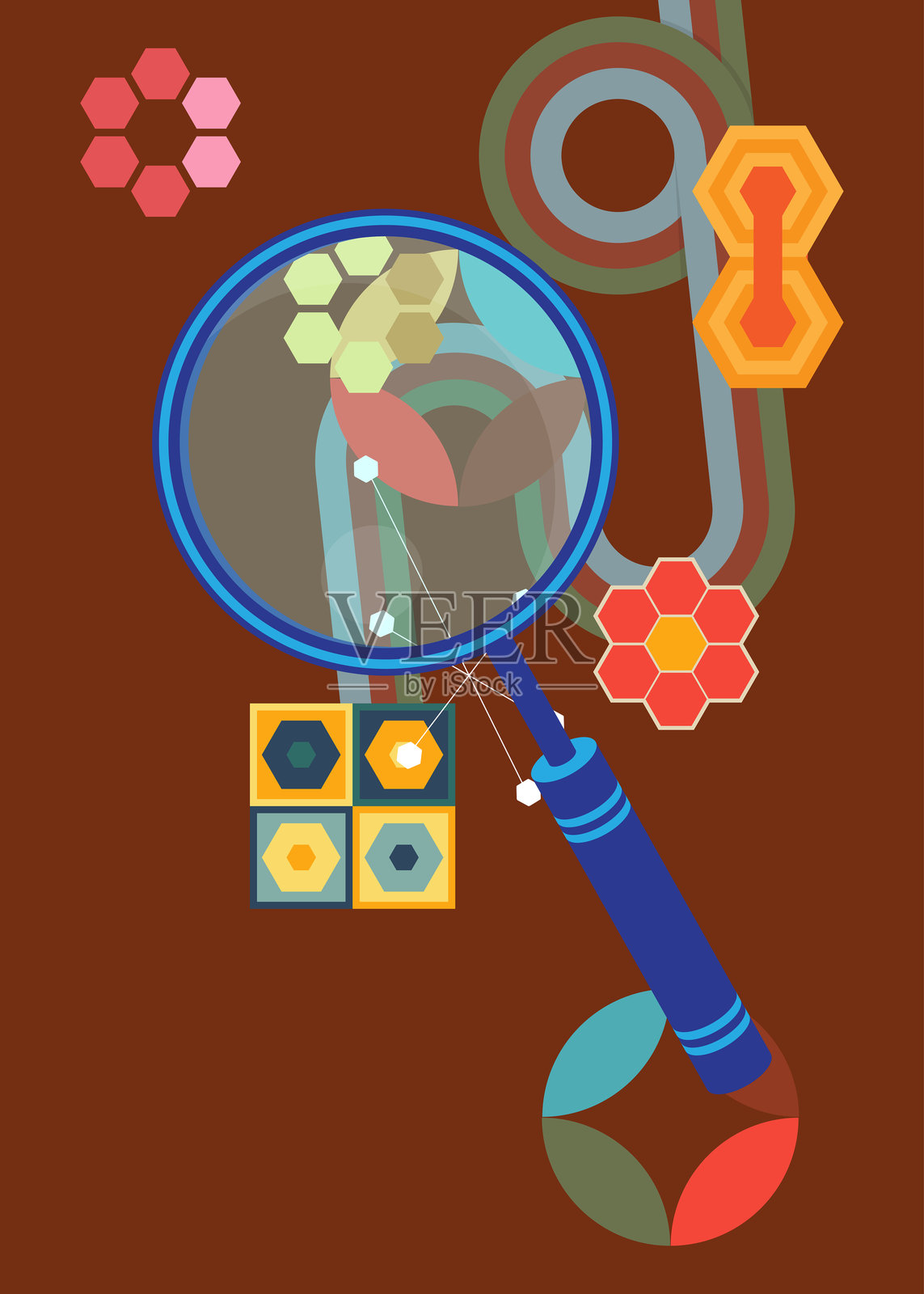 复古70年代背景与放大镜。时髦的放大1970年代艺术模板。简约复古设计海报。老式色彩艺术作品。插画图片素材