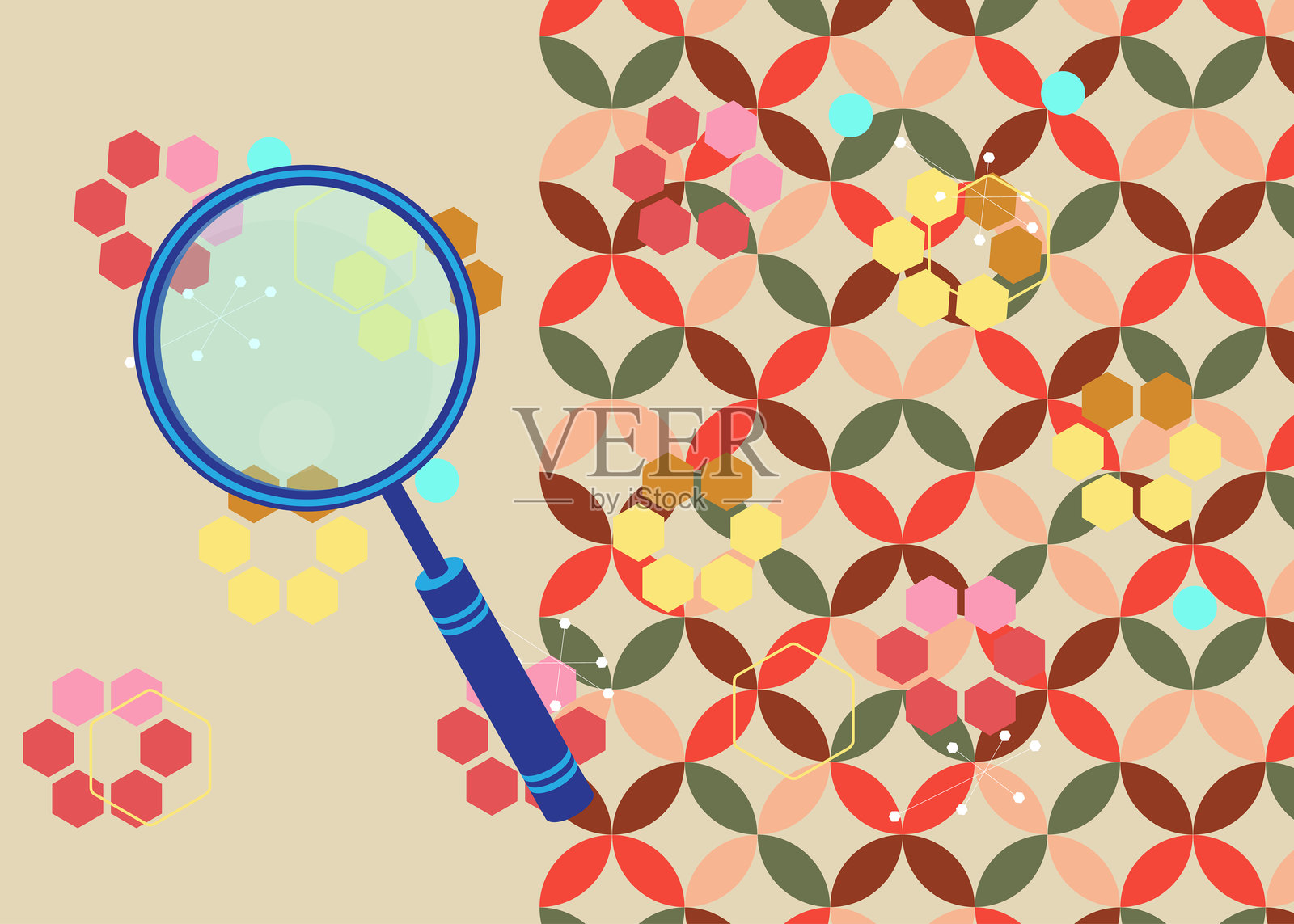 复古70年代背景与放大镜。时髦的放大1970年代艺术模板。极简复古设计海报。老式色彩艺术作品。插画图片素材