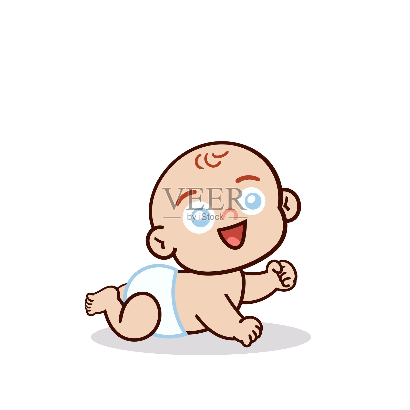 可爱的小宝宝穿着尿布爬行，面带微笑。插画图片素材