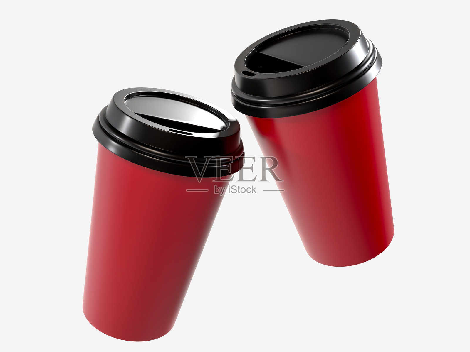 一次性3D咖啡杯模型，带塑料盖。空白红色塑料杯适用于外带热饮或冷饮、奶昔、茶或咖啡，背景隔离。用于品牌包装的模型。照片摄影图片