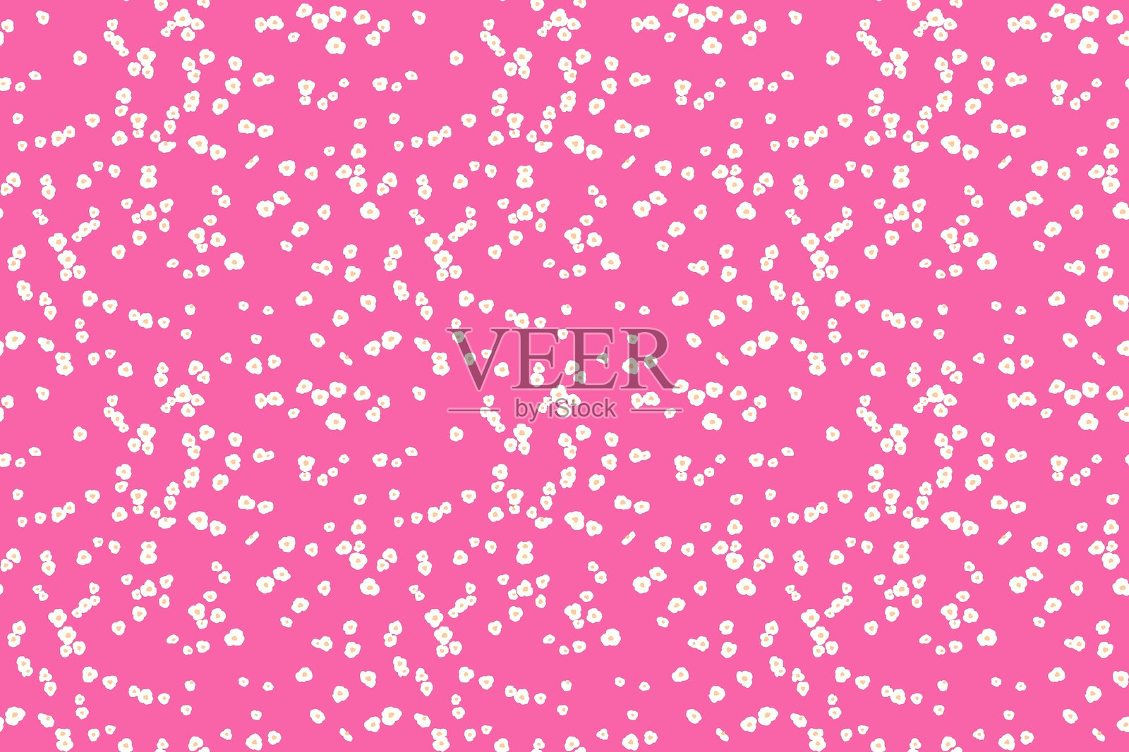 粉色背景上散布着微小的白色花点、小斑点和小水滴的无缝图案。这种俏皮的极简设计适用于印刷、纺织品、礼品包装、壁纸和文具。插画图片素材